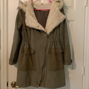 LF Olive Hooded Trench Coat w/ Faux Fur